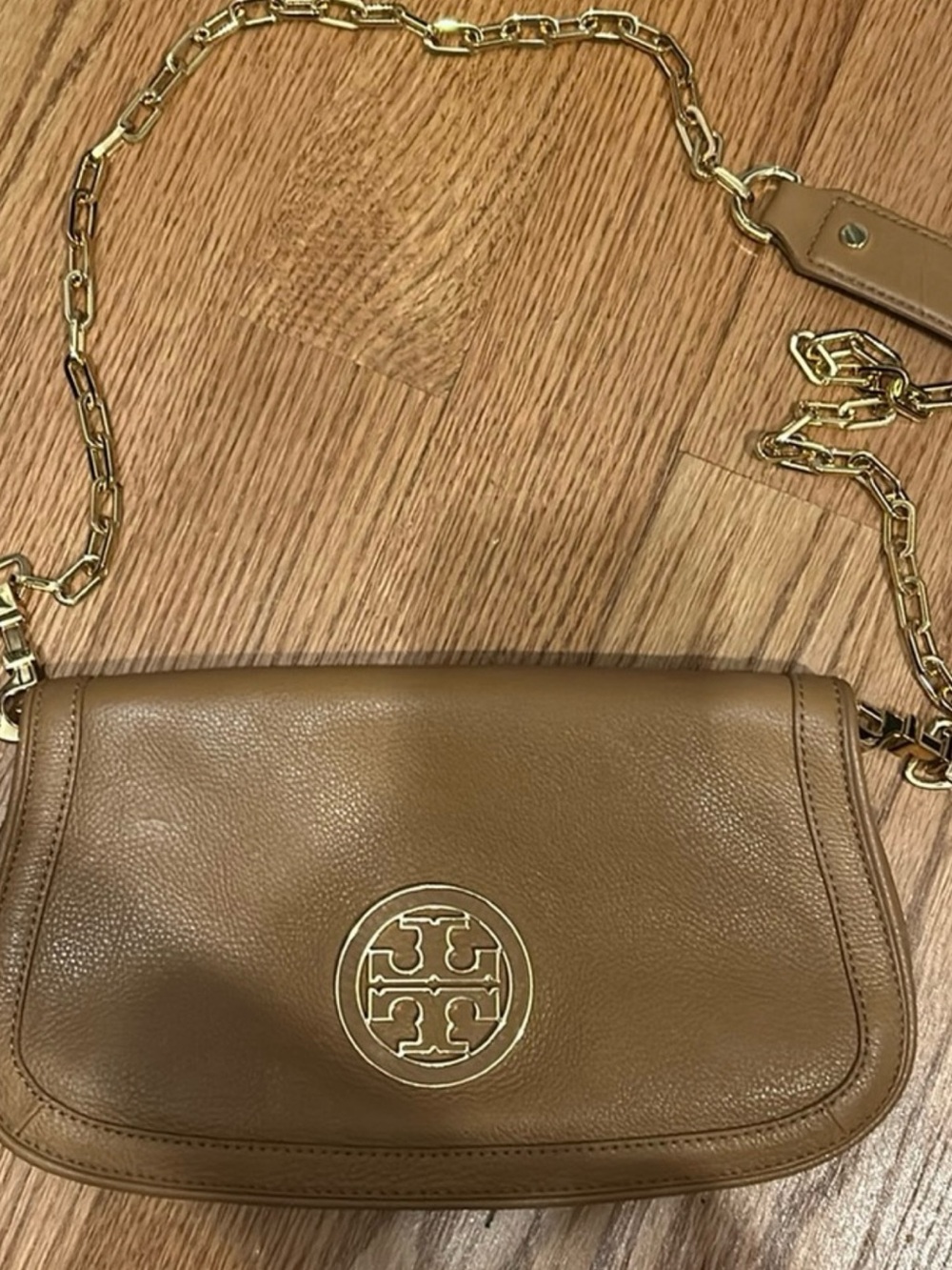 Tory Burch Cognac Leather Chain Crossbody with Gold Logo